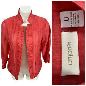 Chicos Blazer Womens Small Orange Linen Jacket Work Office Career Casual